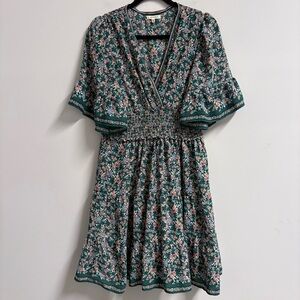Max Studio Faux Wrap Smocked Waist Flutter Sleeve Mini Green Floral Dress Size M